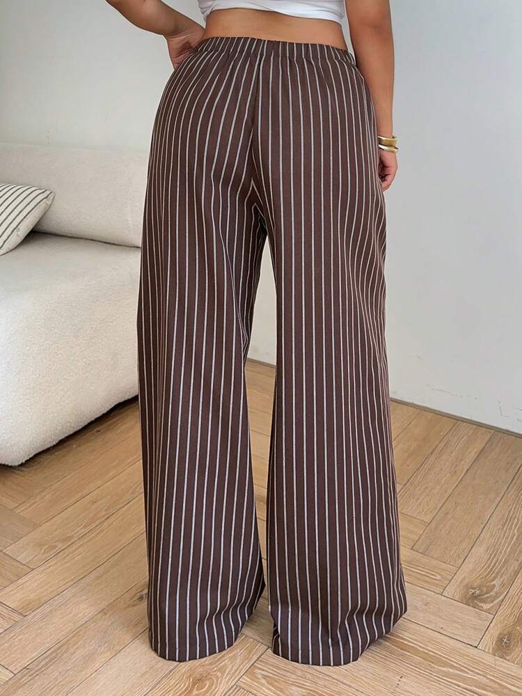 Dazy Plus Fashionable Striped Elastic Waist Brown Casual Loose Straight Leg Plus Size Women Pants, Suitable For All Seasons Spring Summer Autumn