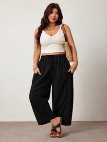 Enliva Plus Size Loose Fit Drawstring Casual Cropped Pants - Black - View 5