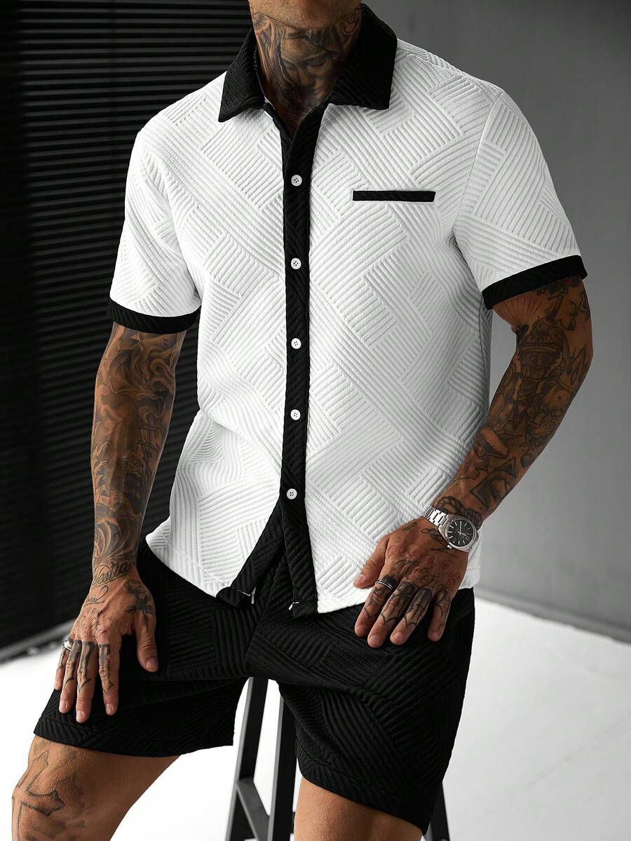 SLATEMANN Men's Black & White Contrast Color Knit Jacquard Casual Holiday Short Sleeve Shirt And Solid Color Shorts Set - Black and White - View 1