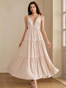 Anewsta Elegantes Sommerkleid mit tiefem V-Ausschnitt, Spitzeneinsätzen und bestickter Blumenapplikation - Aprikosenfarben - Übersicht 6