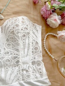Soleia Elegant Sexy White Lace Backless Bodysuit For Women Summer Rave Club Night Out Vacation Night Music Festival Beach Wedding Guest Attire Bohemian - White - View 5