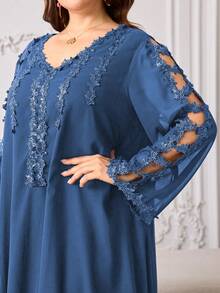 Al Najma 休閒素色雪紡綴珠蕾絲飾邊V領長袖寬鬆版型春夏季大尺碼女款阿拉伯風長洋裝 - 霧霾藍 - 查看 1