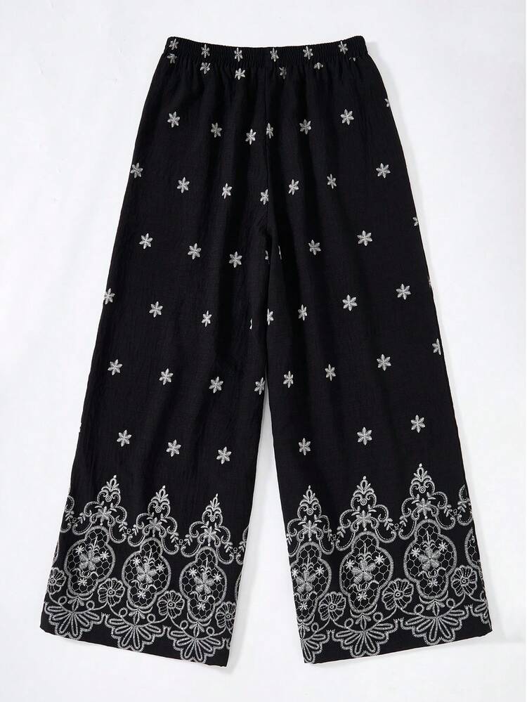 Plus Size Elastic Waist Vintage Elegant Floral Lace Loose Pants, Summer