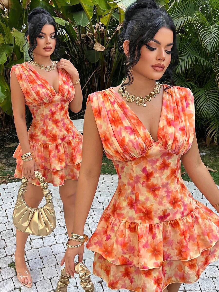 SHEIN SXY 花卉印花度假風溜冰裙，深V領無袖