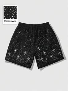 ROMWE MEN Men's Summer Fashion Cross Rhinestone Embellished Shorts - Black - View 3