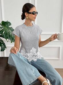 Serisse Women's Contrast Lace Hem Raglan Sleeve Knit Top - Grey - View 6