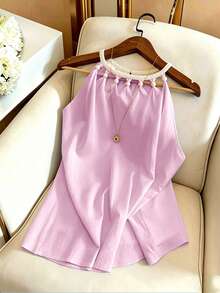GlowEve Summer Versatile Vacation Casual Beaded Floral Trim Halter Neck Sleeveless Top - Pink - View 3