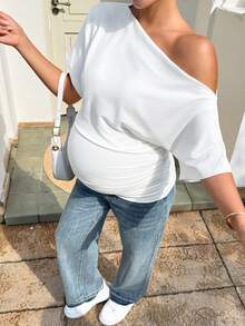 SHEIN Maternity Solid Color Asymmetric Neck Ruched Casual Business Versatile Daily Wear T-Shirt Photoshoot Pregnant White Summer - White - View 5