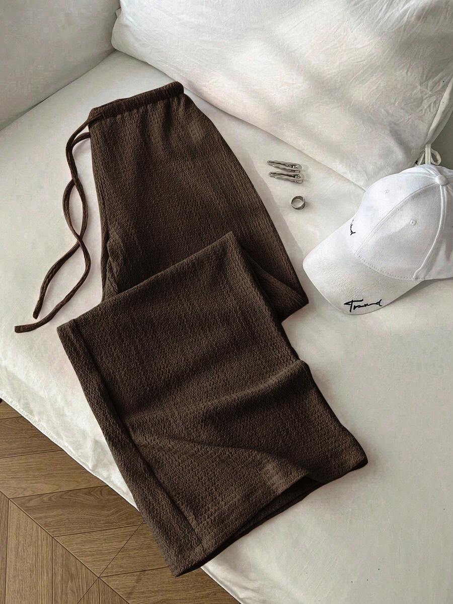SHEIN Tall Quần dài nữ phong cách vintage, chất liệu vân nổi, dáng suông thoải mái, cạp thấp, màu trơn, ống đứng, tôn dáng, mặc thường ngày cho mùa hè - màu nâu - Xem 1