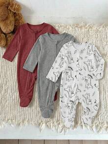 SHEIN 3pcs Set Romper Bayi Baru Lahir Unisex Motif Kartun Lengan Panjang dengan Penutup Kaki, Piyama Rajut Kasual - MultiWarna - View 6