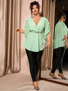 Cravure Plus Size Women's Solid Color Overlap V-Neck Ruffle Sleeve Elegant Blouse - Green - View 4