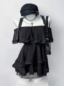 Sunspun Plus Size Women's Solid Color Pleated Sexy Dating & Outing Blouse - Black - View 1