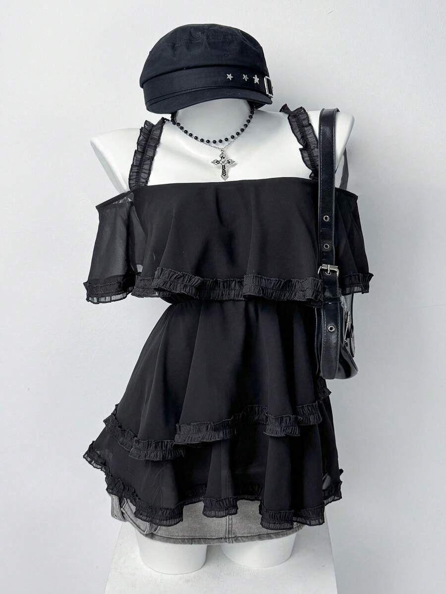 Sunspun Plus Size Women's Solid Color Pleated Sexy Dating & Outing Blouse - Black - View 1