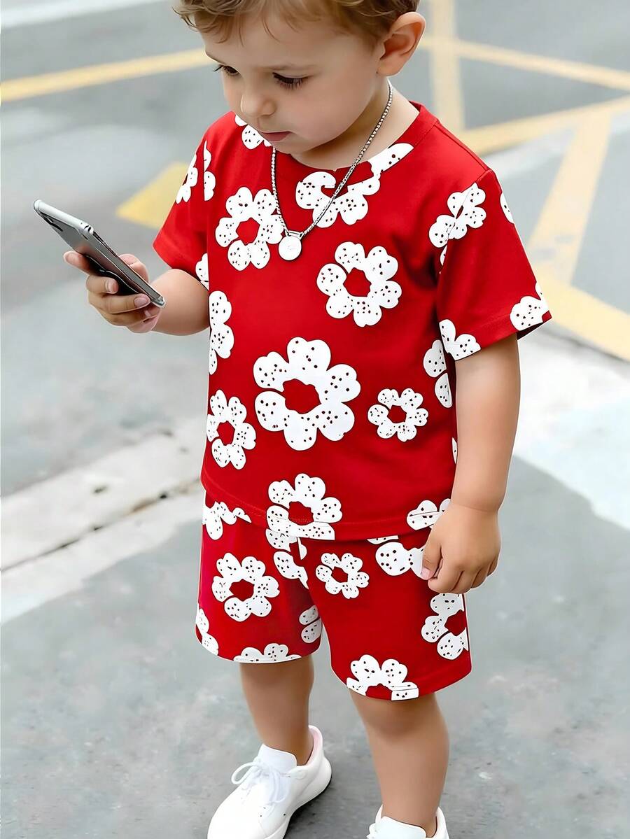 春夏男嬰休閒創意個性化清新簡約小白花圖案印花T恤短褲套裝,舒適日常穿搭,適合春夏 - 彩色 - 查看 1