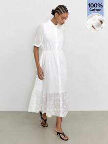 Maija Women's Solid Color Pleated Collar Casual French Elegant Tropical Midi Shirt Dress Vacation White Summer Brunch Picnic - White - View 2