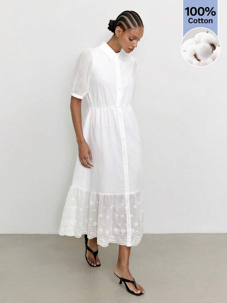 SHEIN Maija Women's Solid Color Pleated Collar Casual Midi Shirt Dress