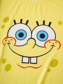 SpongeBob SquarePants | SHEIN Plus Size Men's Summer Comfortable Cute Cartoon Print Crew Neck Short Sleeve T-Shirt And Shorts Pajama Set - Yellow - View 5