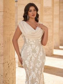 Glamrae Plus Size White Luxury Sequin Patchwork Draped Neck Chiffon Mermaid Hem Formal Gown Bridal Evening Formal Spring Elegant - Apricot - View 10