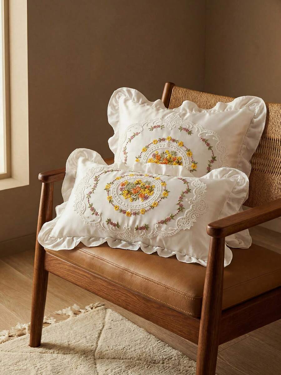 Pack Of 1, Pure White Ruffle Trim, Embroidery, Hollow, Embroidery, Decorative Pillow Pillowcase - Multicolor - View 1