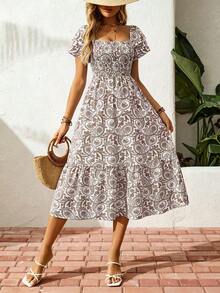 Breezaya Summer Floral Shirred Ruffle Hem Dress Maxi Vacation Beach Outfits Women - Coffee Brown - View 6