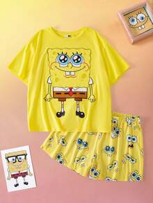 SpongeBob SquarePants | SHEIN بيجامة صيفية مطبوعة جميلة بياقة طاقم وأكمام قصيرة مقاس كبير - أصفر - مشاهدة 1