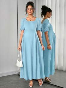 Momance Asymmetric Shoulder Ruched Waist A-Line Elegant Romantic Maternity Dress, Comfortable - Baby Blue - View 3