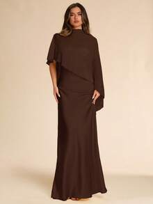 SHEIN BAE 2 Pieces Set: Satin Chiffon Shawl & Light Yellow Dress, Luxury Elegant Evening Gown For Formal Occasions, Spring/Summer - Coffee Brown - View 4