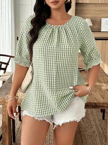 Weeklong Plus Size Women's Spring/Summer Casual Round Neck Puff Sleeve Ruffled Plaid Loose Blouse - Multicolor - View 5