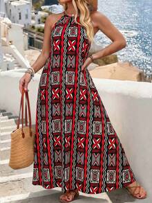 Breezaya Plus Size Women Geometric Print Casual Boho Halter Neck Dress Vacation Black And White Summer - Multicolor - View 5