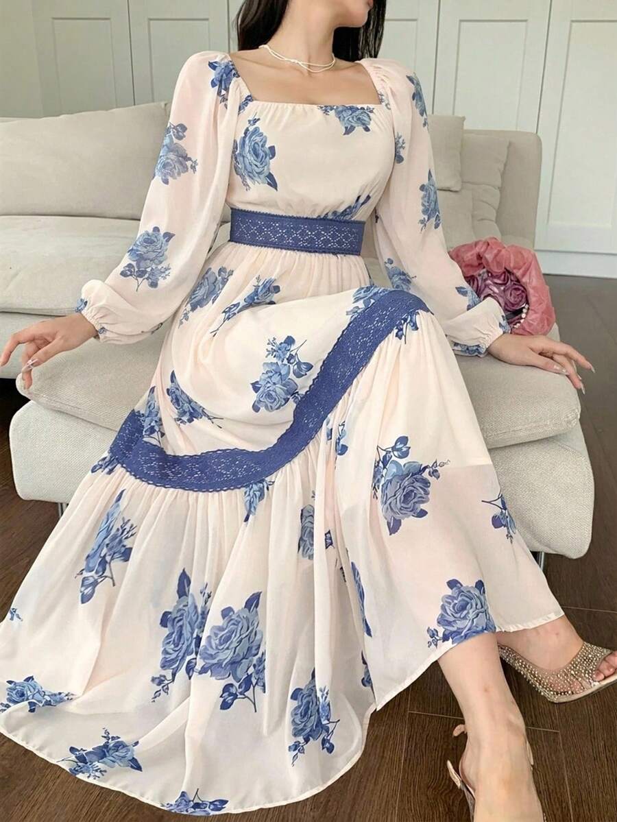 DAZY Contrast Color Lace Full Floral Print Mid-Length Dress For Women Sundress - Aqua Blue - View 1