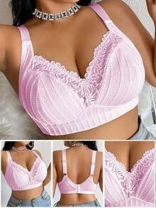 DesireSculpt 1pc Plus Size Lace Patchwork Wireless Bra Hot Pink Summer - Pink - View 4