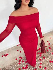SHEIN SXY 酒紅色露肩優雅性感洋裝，適合婚禮、晚餐、夜晚、秋季 - 酒紅色 - 查看 4
