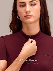 GLOWMODE 4.3" ButterFit GlowSuit Quick-Dry UV Protection Short Sleeve Front Zipper Curved Paneling Back Seam Design Anti-Slip Hem Zip Bodysuit Summer - Burgundy - View 3
