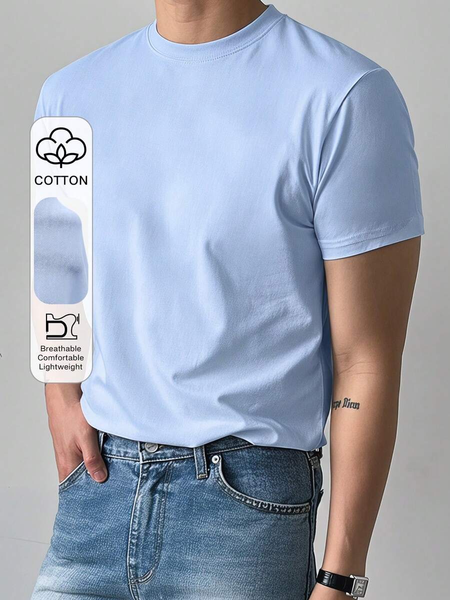 DAZY Kaos Pria Lengan Pendek Kerah Bulat Warna Biru Polos Kasual untuk Musim Panas - Biru - View 1