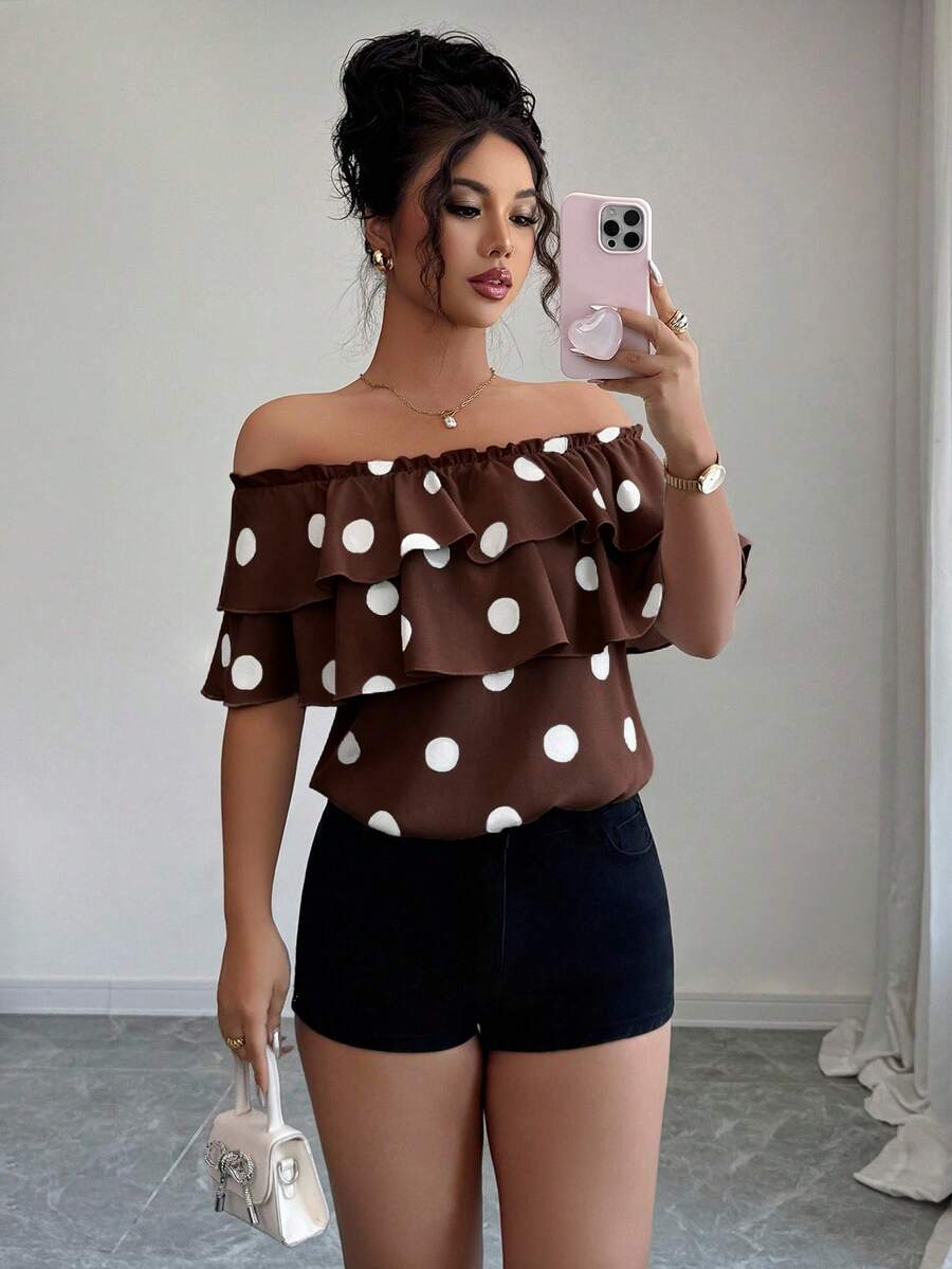 Elenzga Summer Casual Polka Dot Print Off-Shoulder Ruffle Blouse - Brown - View 1