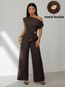 SHEIN PETITE Dark Brown Summer Elegant Dining Women's Two Pieces Set, Off-Shoulder Metal Buckle Design Flowy Top High-Waisted Wide-Leg Trousers Night Out - Brown - View 4