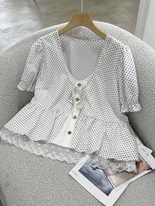 Franclia Blouse chemise décontractée polyvalente pour femme, col en V, imprimé à pois, 2 en 1, avec volants - Nude - Voir 4