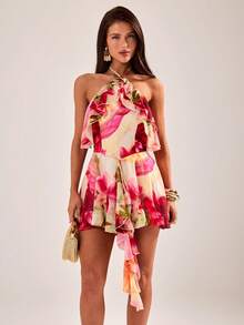 SHEIN BAE رومبير قصيرة للنساء بياقة حلقية وذيل مكشكش، لون أحادي وطباعة، للربيع/الصيف - متعدد الألوان - مشاهدة 4