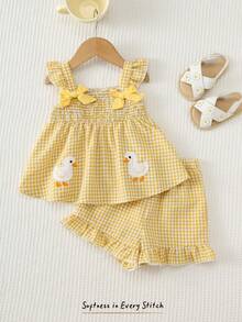 Cozy Pixies 2pcs Baby Girl Cartoon Duck Decor Bow Strap Top And Elastic Waist Shorts Set - Yellow - View 11