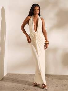 Opulessa Women's Solid Color V-Neck Dress, Suitable For Spring/Summer Vacation Night Out White Beaded Sexy - White - View 4