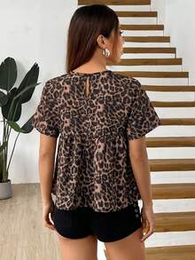 SHEIN EZwear 女款豹紋時尚街頭風圓領短袖上衣 - 棕色 - 查看 2
