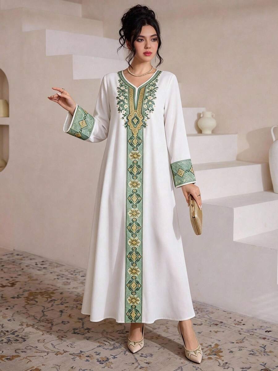 SHEIN Najma 花卉印花V領長袖長洋裝,優雅阿拉伯風情服飾,春夏時尚 - 彩色 - 查看 1