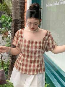 Dazy Plus Plus Size Women's Sexy Plaid Short Sleeve Tight Crop Top, Brown Pullover Shirt For Spring/Summer Graphic Tee - Brown - View 9