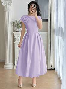 Vestido elegante de mujer de unicolor con cuello redondo, mangas cortas y diseño plisado - Morado - Ver 5