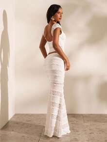 Opulessa Solid Color Knit Backless Crop Top & Mini Skirt 2 Pieces Set, Suitable For Spring/Summer Vacation - White - View 1