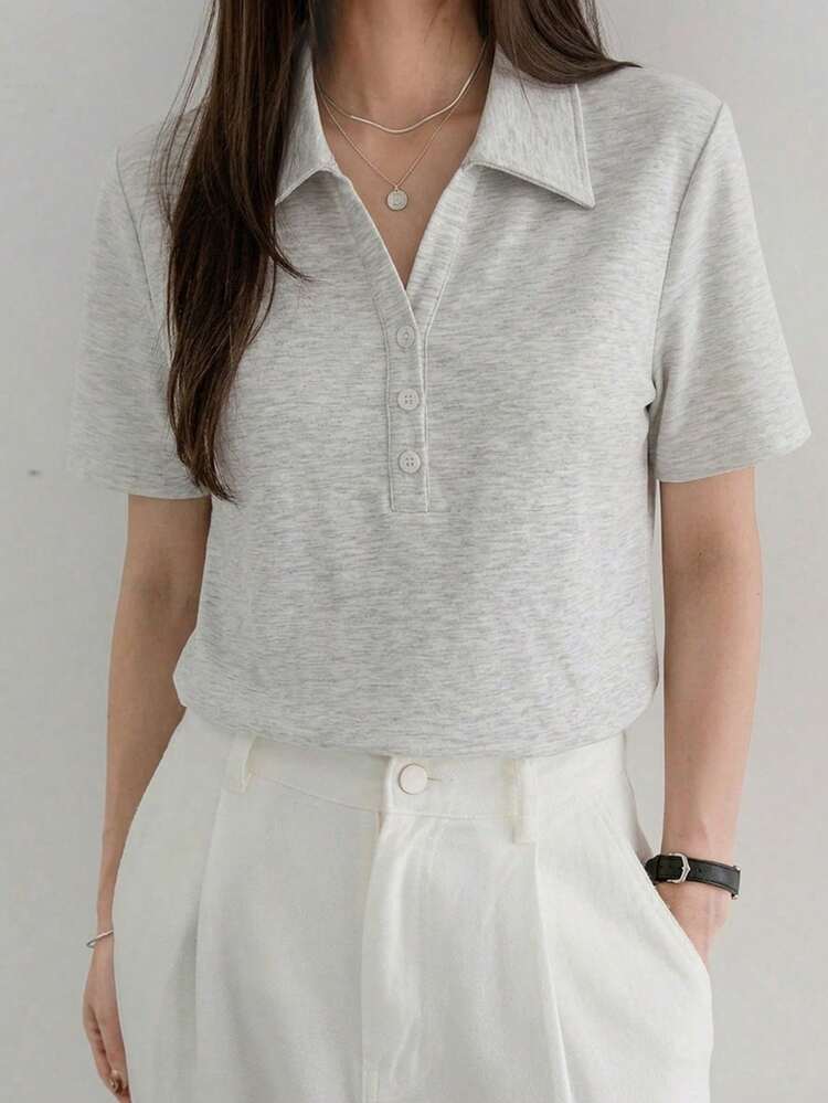 Summer Autumn Business Casual Solid Color Minimalist Half-Open Placket Polo Shirt Short Sleeve Women's T-Shirt