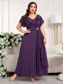 SHEIN Clasi Plus Size Women's Solid Color Ruffle V-Neck Elegant Dress - Purple - View 6