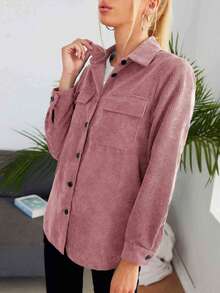 SHEIN LUNE Pocket Front Cord Shirt,Long Sleeve Tops,Casual - Dusty Pink - View 5
