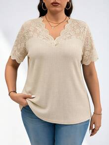 Chikora Plus Size Peach Summer Elegant Wedding Ninang Women Contrast Lace V-Neck T-Shirt,Fashion Casual Office Attire Work Tops Blouses Carnival Costume 2026 - Apricot - View 7