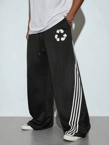 Modcrash Comfortable Loose Striped Casual Sweatpants With Raw Edges, Relaxed Fit, Men's Loose Printed Drawstring Waist Sports Pants - Black - View 1